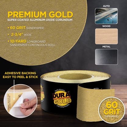 60 Grit Gold - Longboard Continuous Roll PSA Stickyback Self Adhesive Sandpaper 10 Yards Long by 2-3/4" Wide