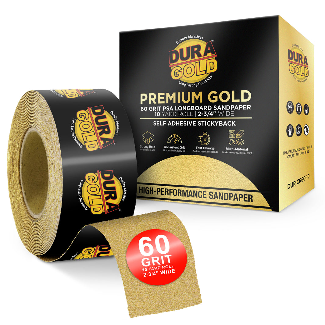 60 Grit Gold - Longboard Continuous Roll PSA Stickyback Self Adhesive Sandpaper 10 Yards Long by 2-3/4" Wide