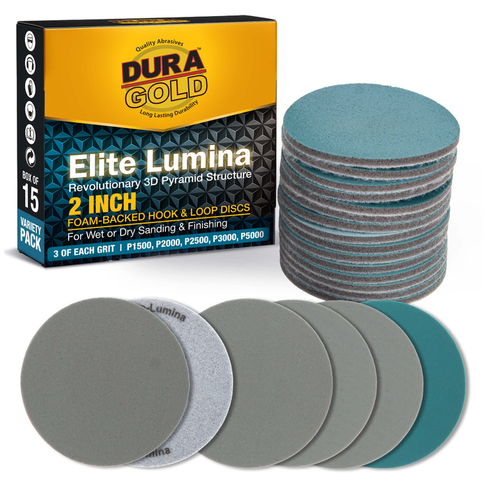 Elite Lumina 2" Foam Sanding Discs,Grits 1500 2000 2500 3000 5000, 15 Disc Variety Pack