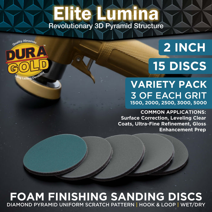 Elite Lumina 2" Foam Sanding Discs,Grits 1500 2000 2500 3000 5000, 15 Disc Variety Pack