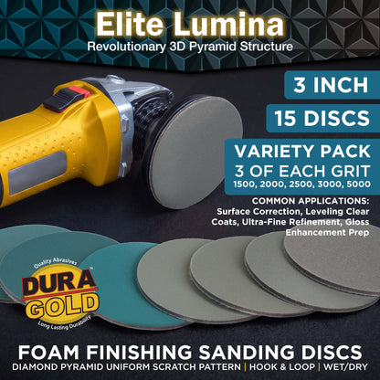 Elite Lumina 3" Foam Sanding Discs,Grits 1500 2000 2500 3000 5000, 15 Disc Variety Pack