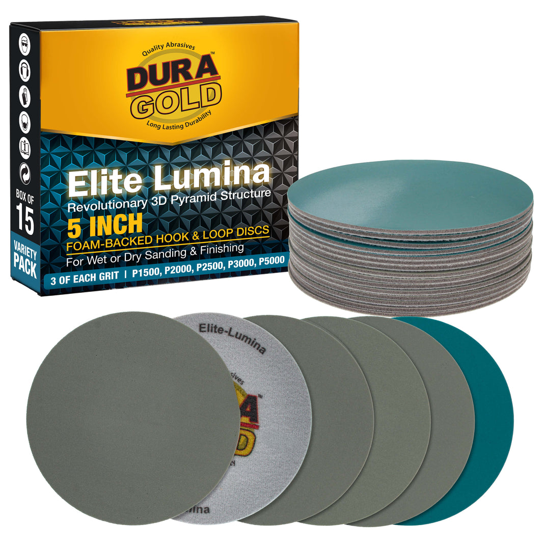 Elite Lumina 5" Foam Sanding Discs,Grits 1500 2000 2500 3000 5000, 15 Disc Variety Pack