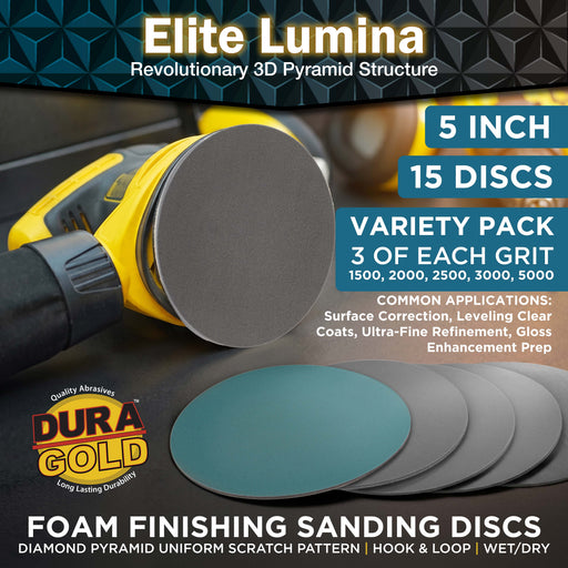 Elite Lumina 5" Foam Sanding Discs,Grits 1500 2000 2500 3000 5000, 15 Disc Variety Pack