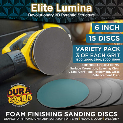 Elite Lumina 6" Foam Sanding Discs,Grits 1500 2000 2500 3000 5000, 15 Disc Variety Pack