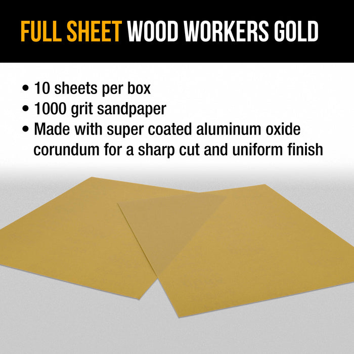 1000 Grit, Full Size 9" x 11" Sheets, Wood Workers Gold - Box of 10 Sheets - Hand Sand Block Sanding, Cut to Use On Sanders