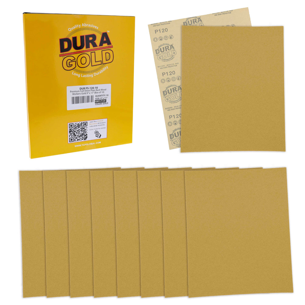 120 Grit, Full Size 9" x 11" Sheets, Wood Workers Gold - Box of 10 Sheets - Hand Sand Block Sanding, Cut to Use On Sanders