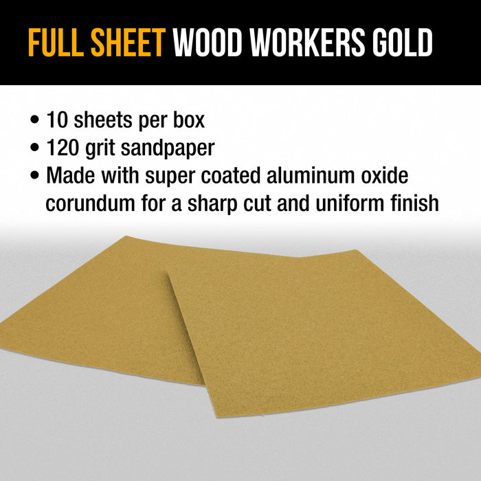 120 Grit, Full Size 9" x 11" Sheets, Wood Workers Gold - Box of 10 Sheets - Hand Sand Block Sanding, Cut to Use On Sanders