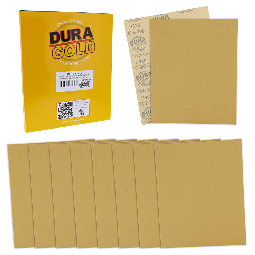 320 Grit, Full Size 9" x 11" Sheets, Wood Workers Gold - Box of 10 Sheets - Hand Sand Block Sanding, Cut to Use On Sanders