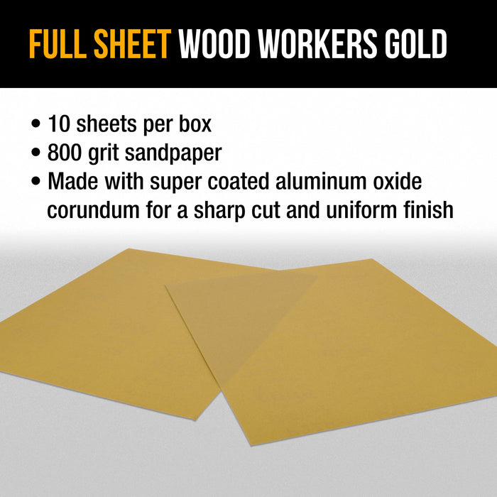 800 Grit, Full Size 9" x 11" Sheets, Wood Workers Gold - Box of 10 Sheets - Hand Sand Block Sanding, Cut to Use On Sanders