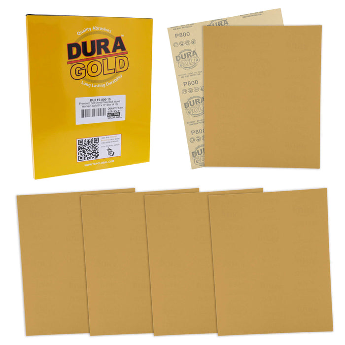 800 Grit, Full Size 9" x 11" Sheets, Wood Workers Gold - Box of 10 Sheets - Hand Sand Block Sanding, Cut to Use On Sanders