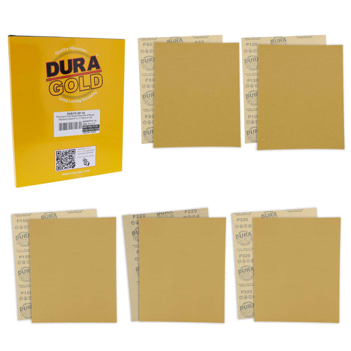 Full Size 9" x 11" Sheet Variety Pack - 80, 120, 150, 220 & 320 Grit (2 Sheets Each, 10 Total) - Wood Workers Gold, Sander