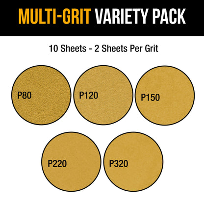 Full Size 9" x 11" Sheet Variety Pack - 80, 120, 150, 220 & 320 Grit (2 Sheets Each, 10 Total) - Wood Workers Gold, Sander