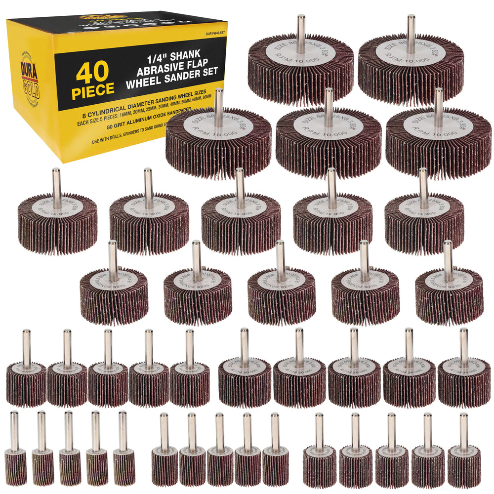 Dura-Gold 40-Piece 1/4" Shank Abrasive Flap Wheel Sander Set, 80 Grit Aluminum Oxide Sandpaper - 8 Cylindrical Diameter Sanding Wheel Sizes