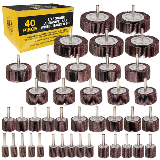 Dura-Gold 40-Piece 1/4" Shank Abrasive Flap Wheel Sander Set, 80 Grit Aluminum Oxide Sandpaper - 8 Cylindrical Diameter Sanding Wheel Sizes