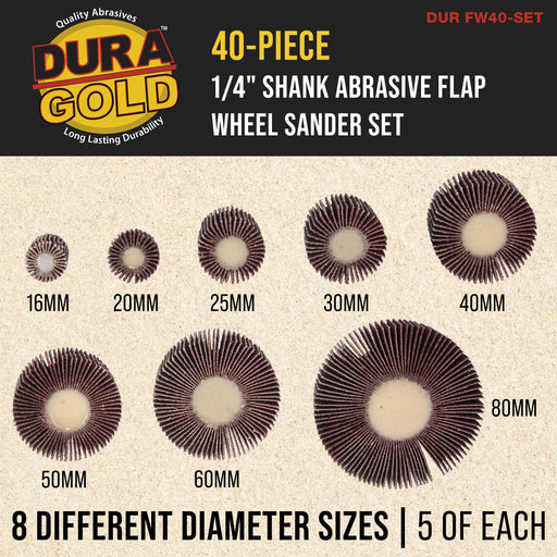 Dura-Gold 40-Piece 1/4" Shank Abrasive Flap Wheel Sander Set, 80 Grit Aluminum Oxide Sandpaper - 8 Cylindrical Diameter Sanding Wheel Sizes