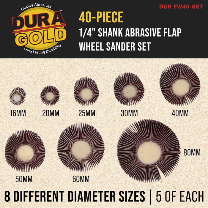 Dura-Gold 40-Piece 1/4" Shank Abrasive Flap Wheel Sander Set, 80 Grit Aluminum Oxide Sandpaper - 8 Cylindrical Diameter Sanding Wheel Sizes