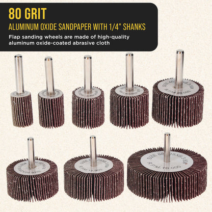 40-Piece Flap Wheel Sander Set with 1/4" Shank - 80 Grit Aluminum Oxide Sanding Wheels for Drill - 8 Cylindrical Sizes Flapper Wheels for Metal, Wood & Paint Removal - Die Grinder Compatible