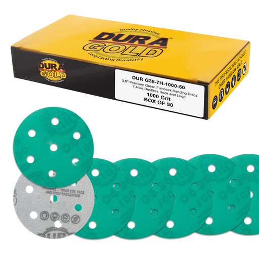 1000 Grit 3.5" (90mm) Green Film Sanding Discs, 7-Hole Pattern, Box of 50 - Heavy-Duty Dustless Hook & Loop Backing Sandpaper for Random Orbital Sanders, Detail Color Sand Auto Paint