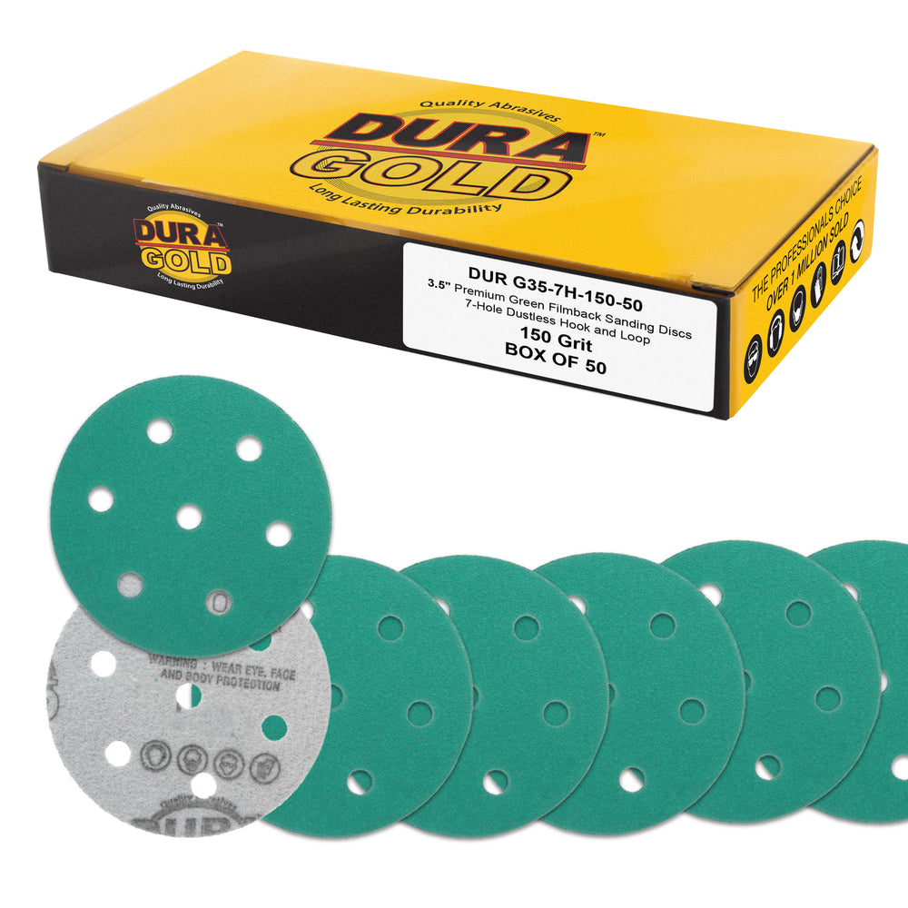 150 Grit 3.5" (90mm) Green Film Sanding Discs, 7-Hole Pattern, Box of 50 - Heavy-Duty Dustless Hook & Loop Backing Sandpaper for Random Orbital Sander, Sand Auto Paint Wood Furniture