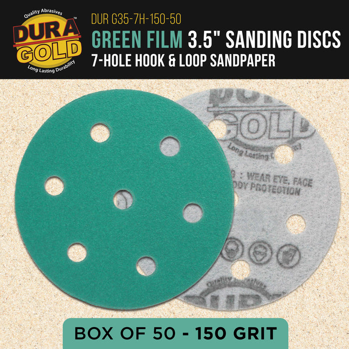 150 Grit 3.5" (90mm) Green Film Sanding Discs, 7-Hole Pattern, Box of 50 - Heavy-Duty Dustless Hook & Loop Backing Sandpaper for Random Orbital Sander, Sand Auto Paint Wood Furniture