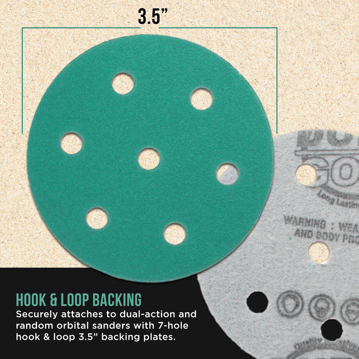 150 Grit 3.5" (90mm) Green Film Sanding Discs, 7-Hole Pattern, Box of 50 - Heavy-Duty Dustless Hook & Loop Backing Sandpaper for Random Orbital Sander, Sand Auto Paint Wood Furniture