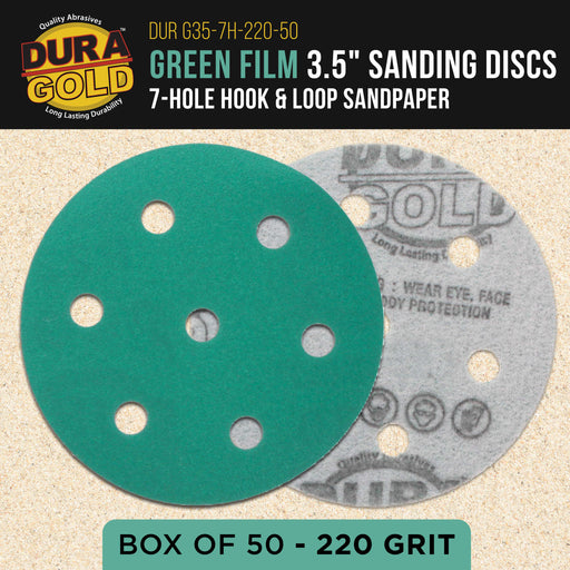 220 Grit 3.5" (90mm) Green Film Sanding Discs, 7-Hole Pattern, Box of 50 - Heavy-Duty Dustless Hook & Loop Backing Sandpaper for Random Orbital Sander, Sand Auto Paint Wood Furniture