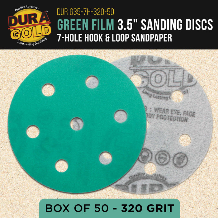 320 Grit 3.5" (90mm) Green Film Sanding Discs, 7-Hole Pattern, Box of 50 - Heavy-Duty Dustless Hook & Loop Backing Sandpaper for Random Orbital Sander, Sand Auto Paint Wood Furniture