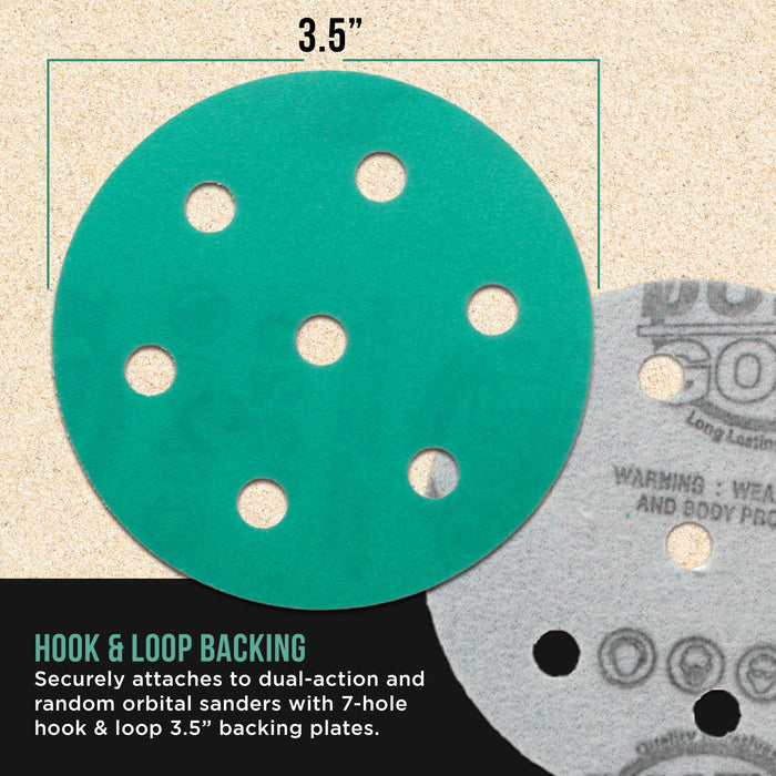 320 Grit 3.5" (90mm) Green Film Sanding Discs, 7-Hole Pattern, Box of 50 - Heavy-Duty Dustless Hook & Loop Backing Sandpaper for Random Orbital Sander, Sand Auto Paint Wood Furniture