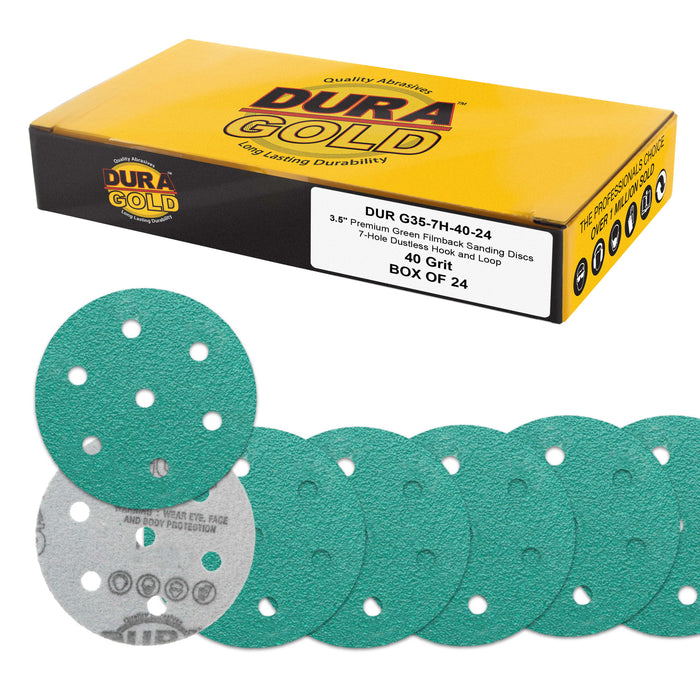 40 Grit 3.5" (90mm) Green Film Sanding Discs, 7-Hole Pattern, Box of 24 - Heavy-Duty Dustless Hook & Loop Backing Sandpaper for Random Orbital Sander, Sand Auto Paint Wood Furniture