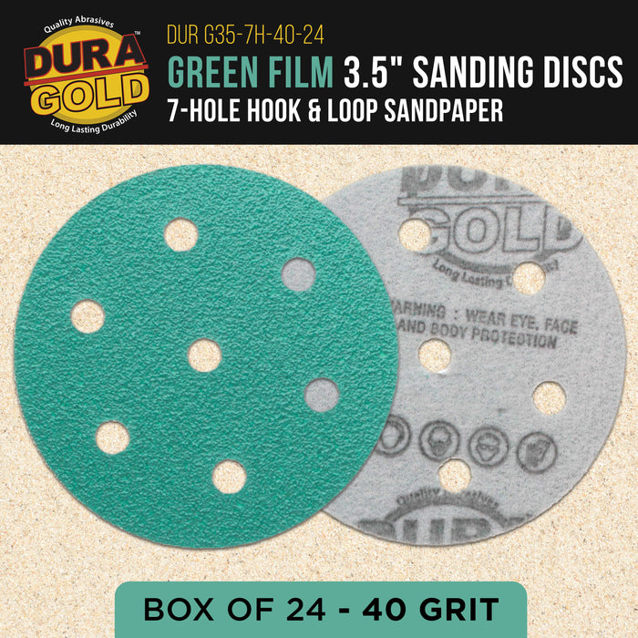 40 Grit 3.5" (90mm) Green Film Sanding Discs, 7-Hole Pattern, Box of 24 - Heavy-Duty Dustless Hook & Loop Backing Sandpaper for Random Orbital Sander, Sand Auto Paint Wood Furniture