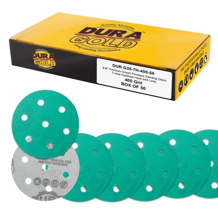 400 Grit 3.5" (90mm) Green Film Sanding Discs, 7-Hole Pattern, Box of 50 - Heavy-Duty Dustless Hook & Loop Backing Sandpaper for Random Orbital Sander, Sand Auto Paint Wood Furniture