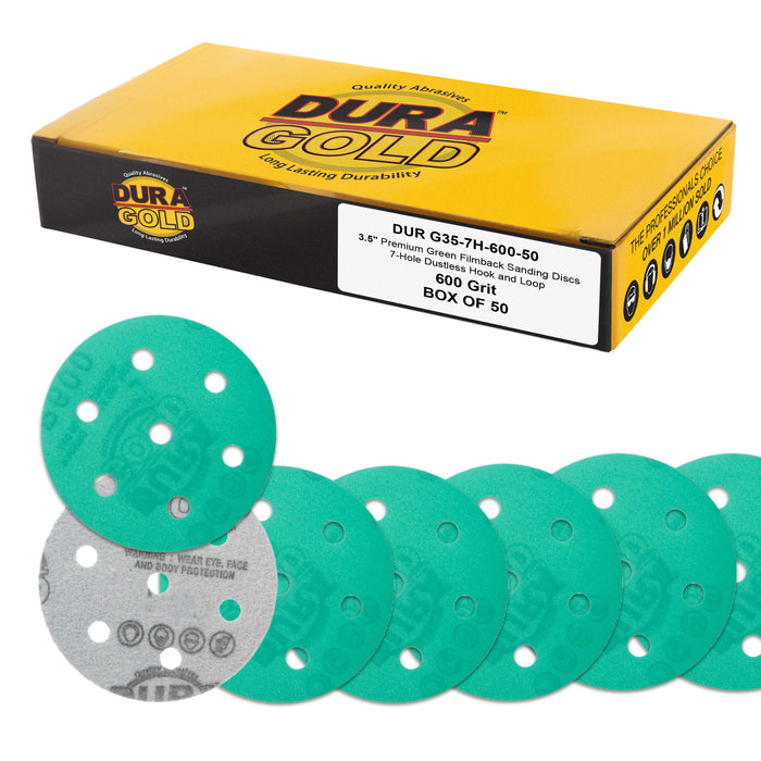 600 Grit 3.5" (90mm) Green Film Sanding Discs, 7-Hole Pattern, Box of 50 - Heavy-Duty Dustless Hook & Loop Backing Sandpaper for Random Orbital Sander, Sand Auto Paint Wood Furniture