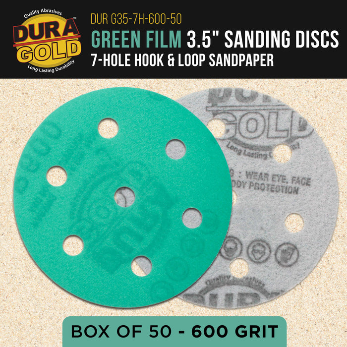 600 Grit 3.5" (90mm) Green Film Sanding Discs, 7-Hole Pattern, Box of 50 - Heavy-Duty Dustless Hook & Loop Backing Sandpaper for Random Orbital Sander, Sand Auto Paint Wood Furniture