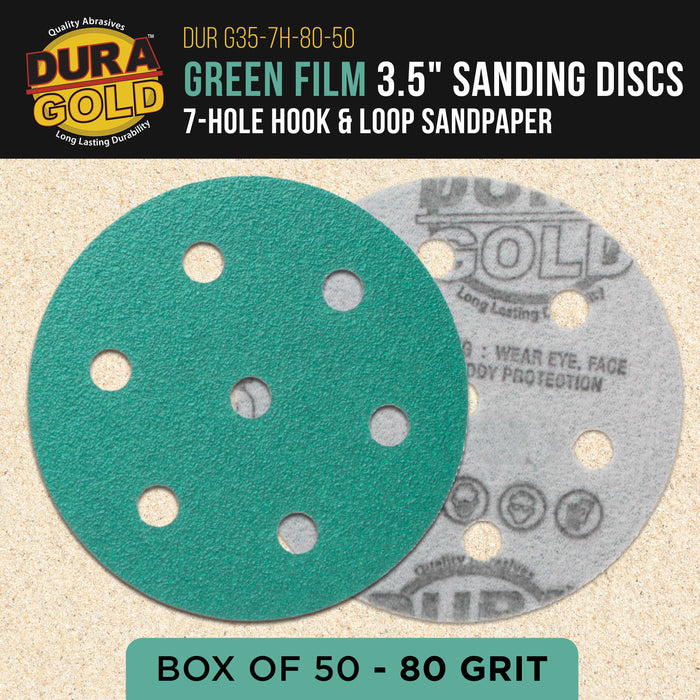 80 Grit 3.5" (90mm) Green Film Sanding Discs, 7-Hole Pattern, Box of 50 - Heavy-Duty Dustless Hook & Loop Backing Sandpaper for Random Orbital Sander, Sand Auto Paint Wood Furniture