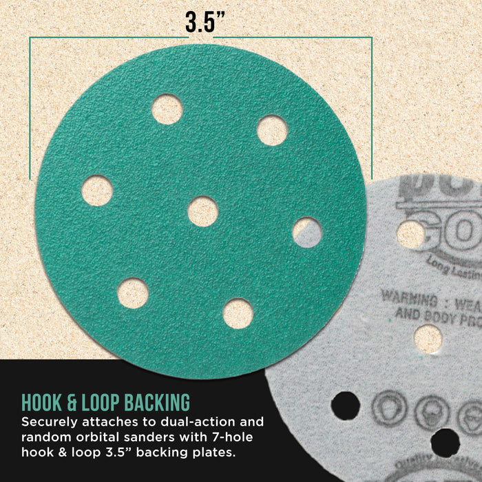 80 Grit 3.5" (90mm) Green Film Sanding Discs, 7-Hole Pattern, Box of 50 - Heavy-Duty Dustless Hook & Loop Backing Sandpaper for Random Orbital Sander, Sand Auto Paint Wood Furniture