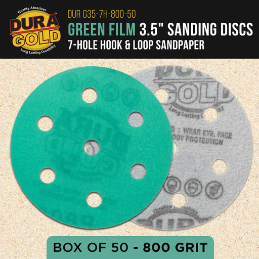 800 Grit 3.5" (90mm) Green Film Sanding Discs, 7-Hole Pattern, Box of 50 - Heavy-Duty Dustless Hook & Loop Backing Sandpaper for Random Orbital Sander, Sand Auto Paint Wood Furniture