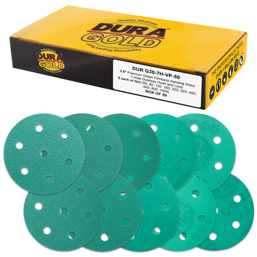 3.5" (90mm) Green Film Sanding Discs, 7-Hole Pattern, 50 Disc Variety Pack, Grits 60, 80, 120, 180, 220, 320, 400, 600, 800, 1000 - Heavy-Duty Hook & Loop Sandpaper, Random Orbital Sander