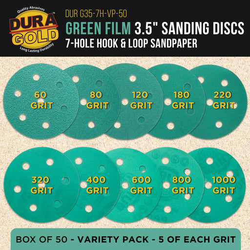 3.5" (90mm) Green Film Sanding Discs, 7-Hole Pattern, 50 Disc Variety Pack, Grits 60, 80, 120, 180, 220, 320, 400, 600, 800, 1000 - Heavy-Duty Hook & Loop Sandpaper, Random Orbital Sander