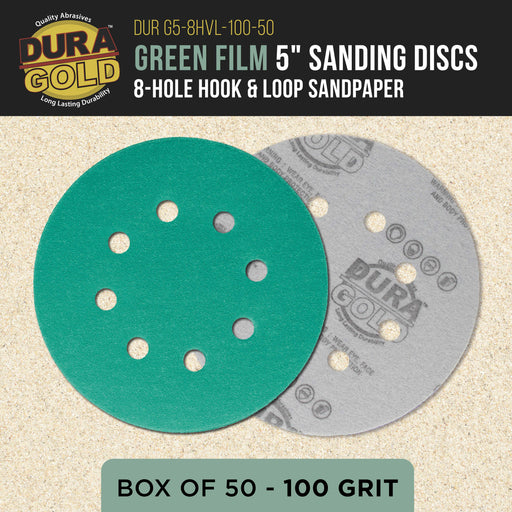 100 Grit 5" Green Film Sanding Discs, 8-Hole Pattern, Box of 50 - Dustless Hook & Loop Backing Sandpaper for DA & Random Orbital Sanders, Sand Automotive Paint Woodworking Furniture