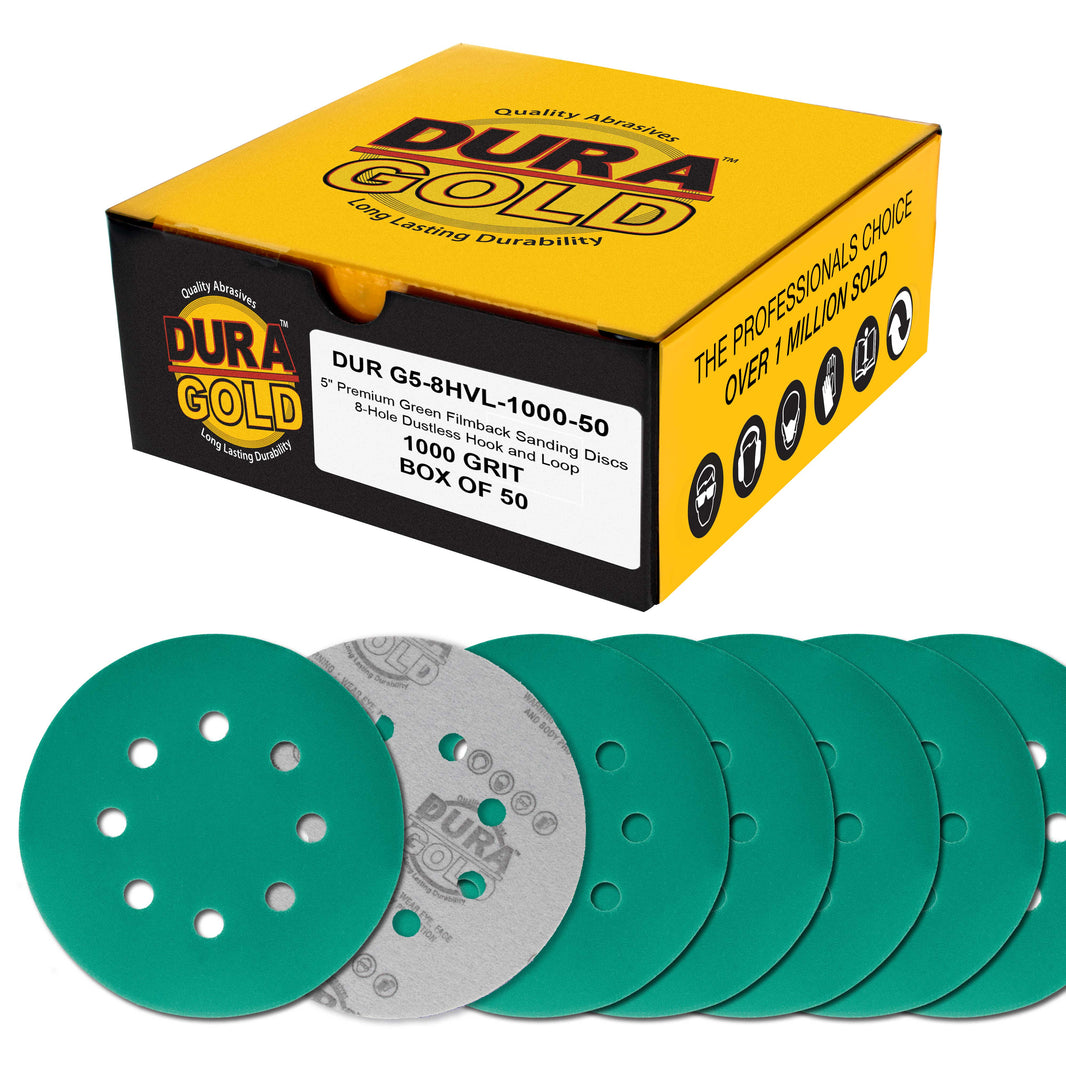 Premium 1000 Grit 5" Green Film Sanding Discs, 8-Hole Pattern, Box of 50 - Dustless Hook & Loop Backing Sandpaper for DA & Random Orbital Sander, Detail Color Sand Auto Paint Wood Furniture
