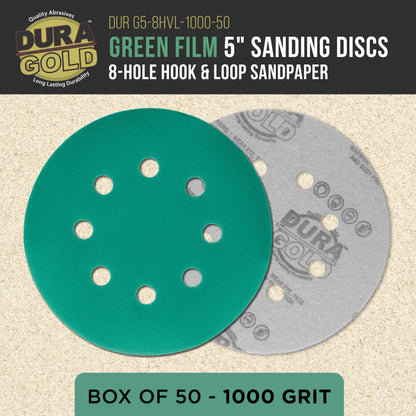 Premium 1000 Grit 5" Green Film Sanding Discs, 8-Hole Pattern, Box of 50 - Dustless Hook & Loop Backing Sandpaper for DA & Random Orbital Sander, Detail Color Sand Auto Paint Wood Furniture