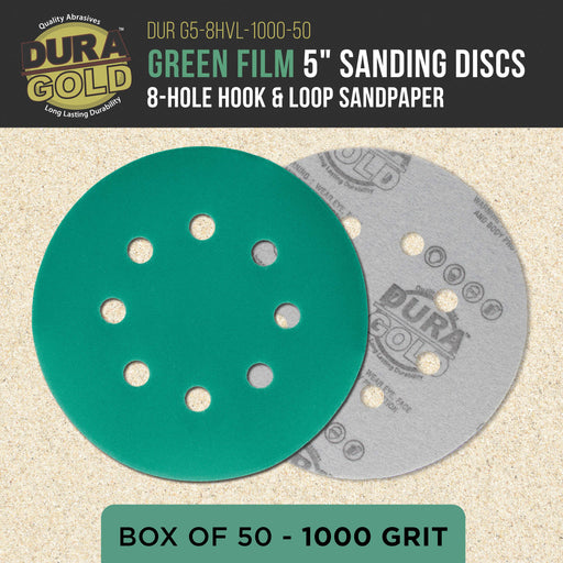 Premium 1000 Grit 5" Green Film Sanding Discs, 8-Hole Pattern, Box of 50 - Dustless Hook & Loop Backing Sandpaper for DA & Random Orbital Sander, Detail Color Sand Auto Paint Wood Furniture