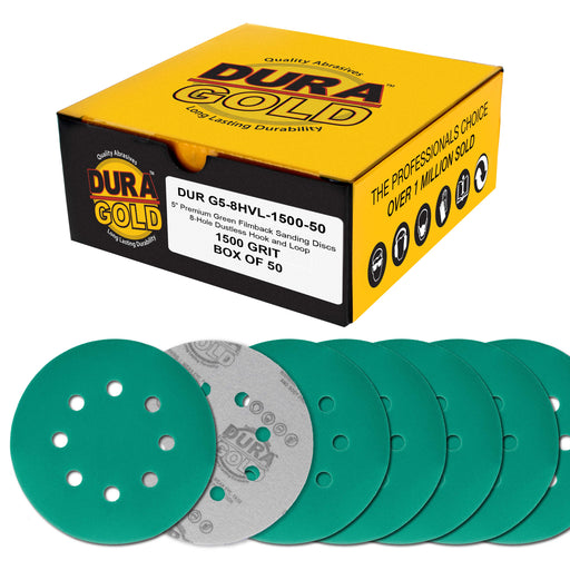 1500 Grit 5" Green Film Sanding Discs, 8-Hole Pattern, Box of 50 - Dustless Hook & Loop Backing Sandpaper for DA & Random Orbital Sander, Detail Color Sand Auto Paint Wood Furniture