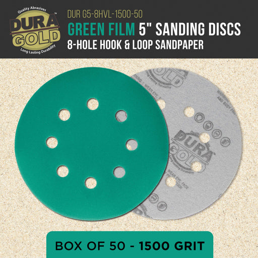 1500 Grit 5" Green Film Sanding Discs, 8-Hole Pattern, Box of 50 - Dustless Hook & Loop Backing Sandpaper for DA & Random Orbital Sander, Detail Color Sand Auto Paint Wood Furniture