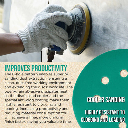 1500 Grit 5" Green Film Sanding Discs, 8-Hole Pattern, Box of 50 - Dustless Hook & Loop Backing Sandpaper for DA & Random Orbital Sander, Detail Color Sand Auto Paint Wood Furniture