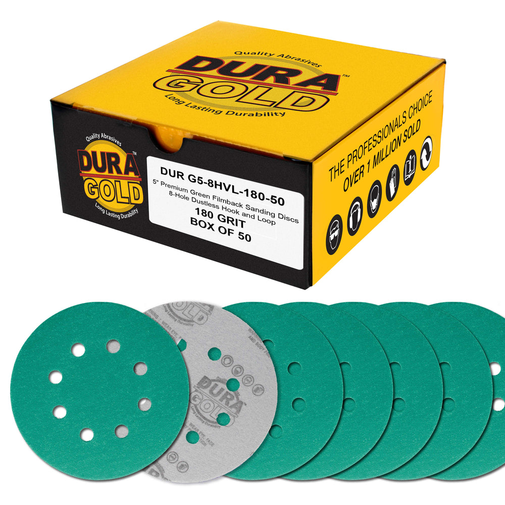 180 Grit 5" Green Film Sanding Discs, 8-Hole Pattern, Box of 50 - Dustless Hook & Loop Backing Sandpaper for DA & Random Orbital Sanders, Sand Automotive Paint Woodworking Furniture