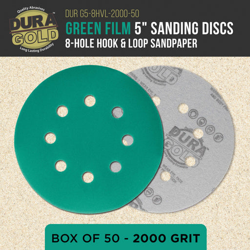 Premium 2000 Grit 5" Green Film Sanding Discs, 8-Hole Pattern, Box of 50 - Dustless Hook & Loop Backing Sandpaper for DA & Random Orbital Sander, Detail Color Sand Auto Paint Wood Furniture