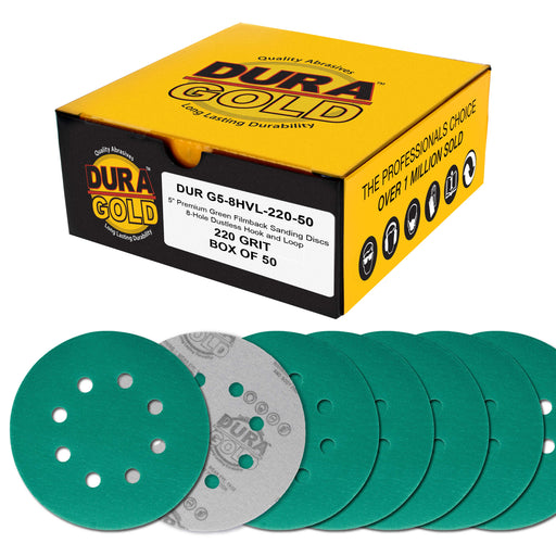 220 Grit 5" Green Film Sanding Discs, 8-Hole Pattern, Box of 50 - Dustless Hook & Loop Backing Sandpaper for DA & Random Orbital Sanders, Sand Automotive Paint Woodworking Furniture