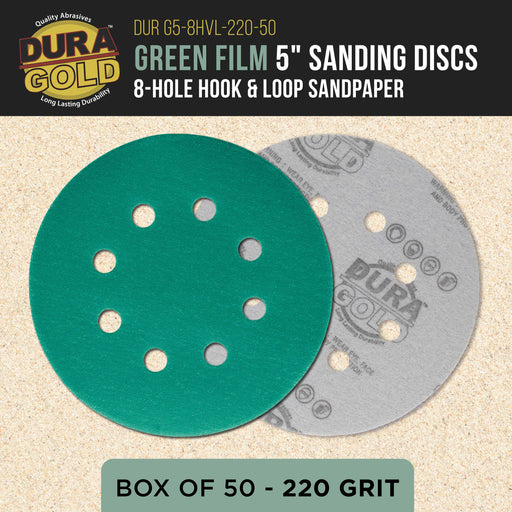 220 Grit 5" Green Film Sanding Discs, 8-Hole Pattern, Box of 50 - Dustless Hook & Loop Backing Sandpaper for DA & Random Orbital Sanders, Sand Automotive Paint Woodworking Furniture