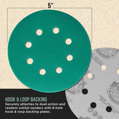 220 Grit 5" Green Film Sanding Discs, 8-Hole Pattern, Box of 50 - Dustless Hook & Loop Backing Sandpaper for DA & Random Orbital Sanders, Sand Automotive Paint Woodworking Furniture
